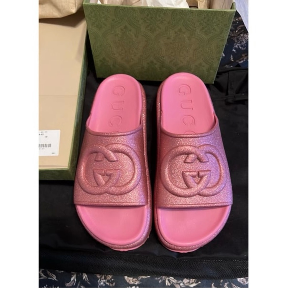 Gucci Pink Glitter Slide Sandals